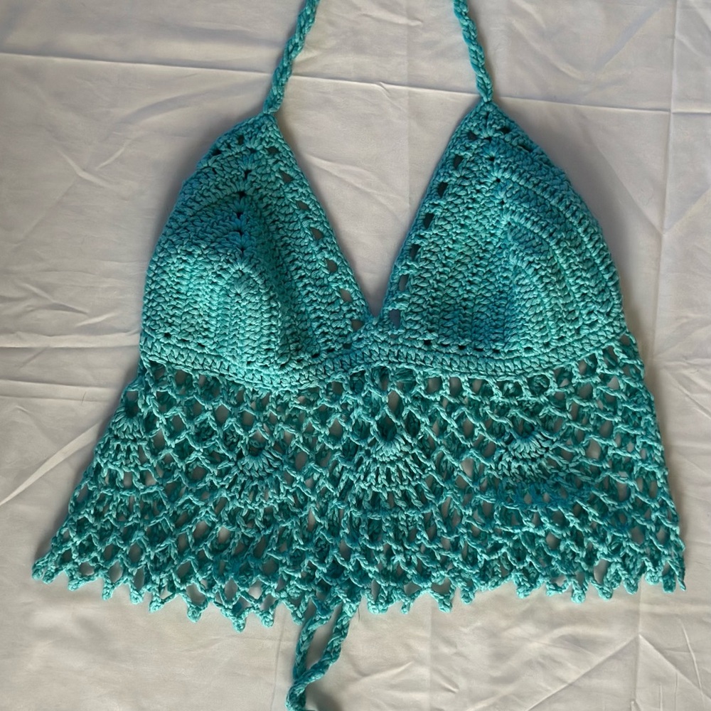 Teal hand crochet top